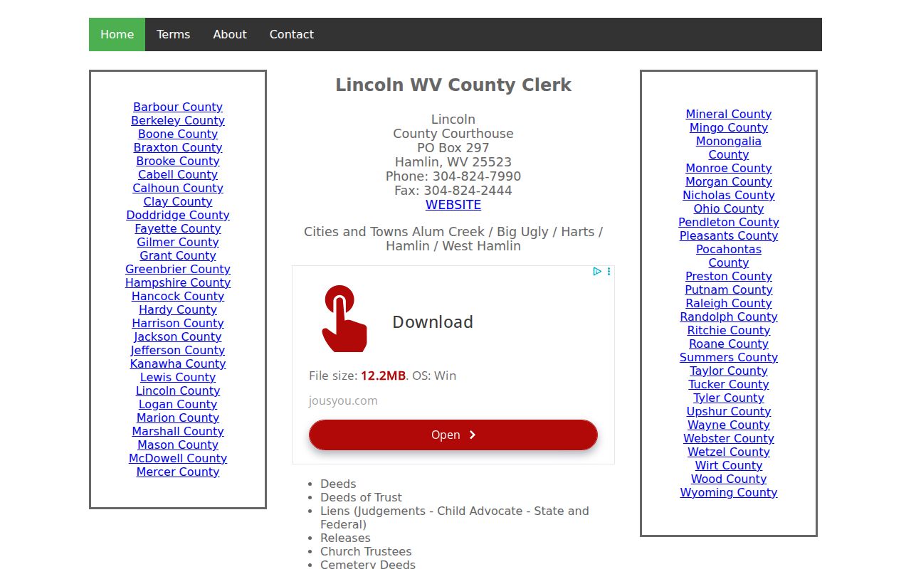 Lincoln County deed records categories in the WV Land Records index